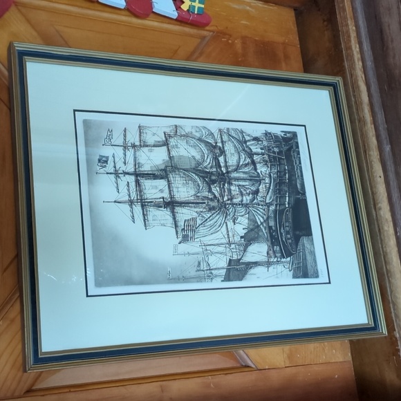 Vintage 1976 Signed Alan Jay Gaines Etching Ship Framed Art 21 6/8" x 27 2/8" - Picture 3 of 9